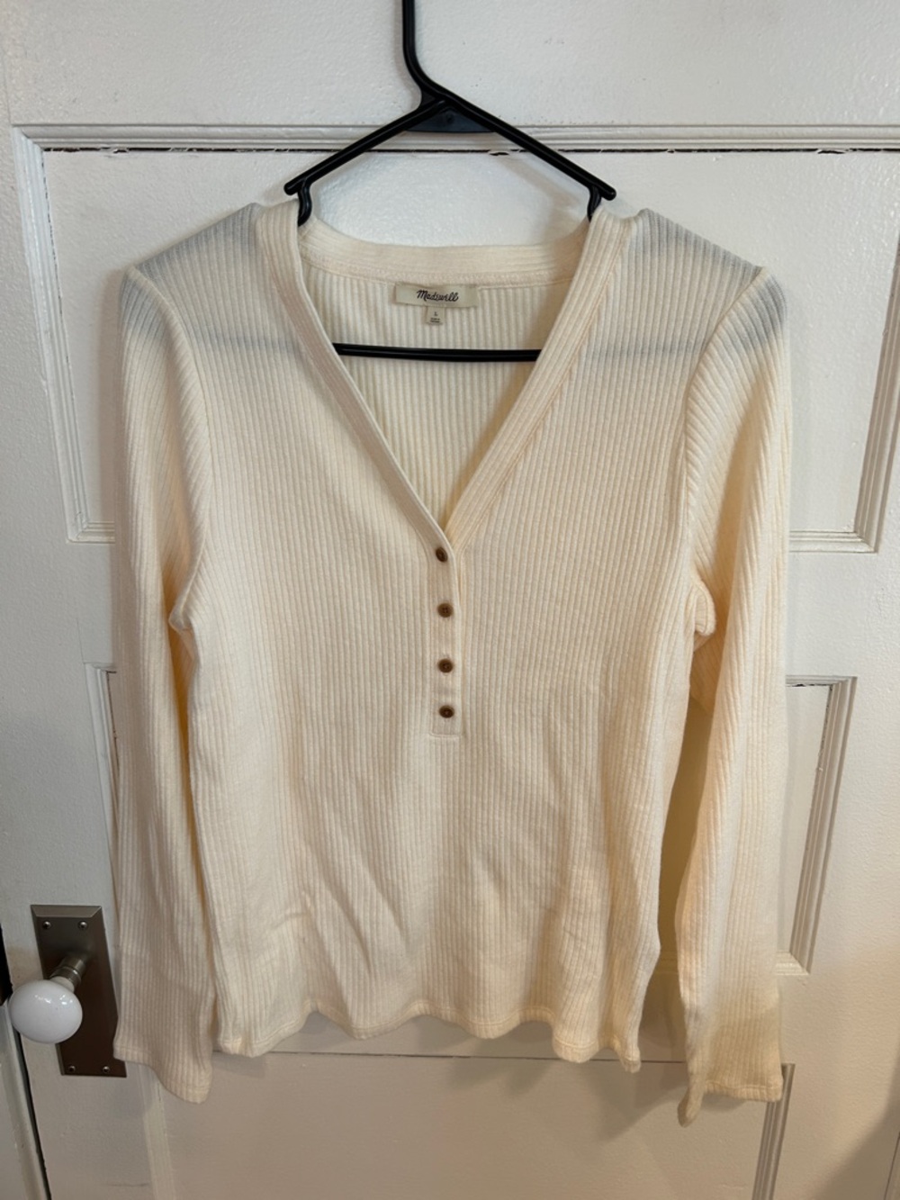 Madewell Cream Ribbed V-Neck Henley Long Sleeve Top